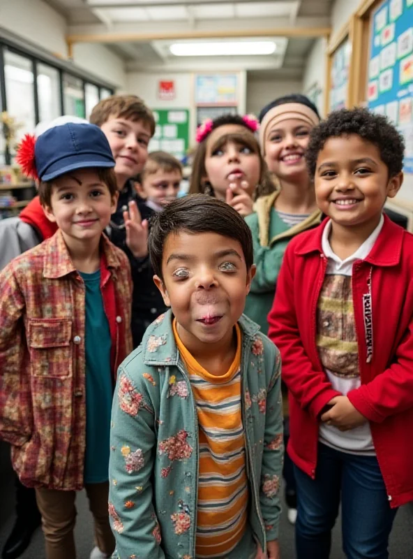 A group of children dressed up as book characters for World Book Day, showcasing a variety of colorful and creative costumes.