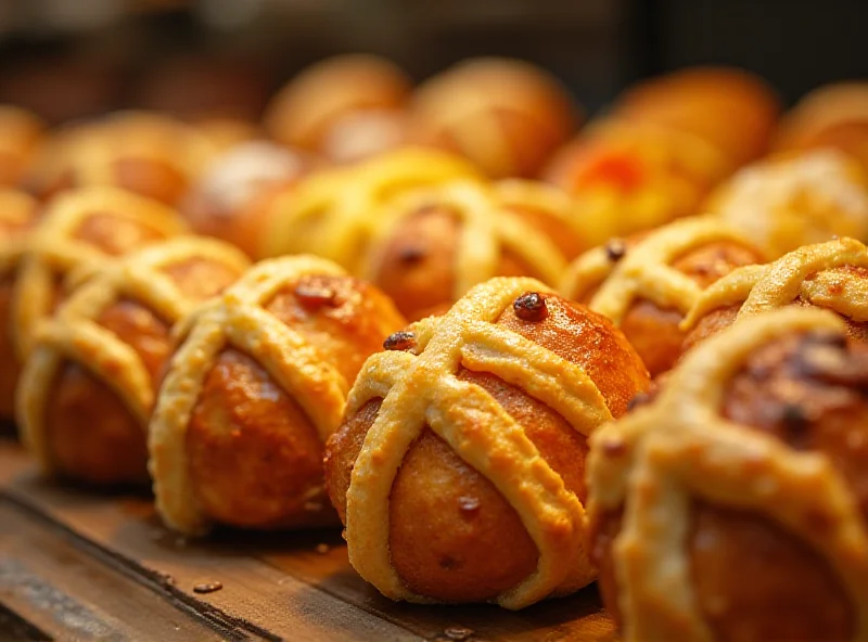 Close-up shot of a variety of colorful and creatively flavored hot cross buns displayed on a bakery shelf, including tiramisu, lemon curd, and salted caramel.