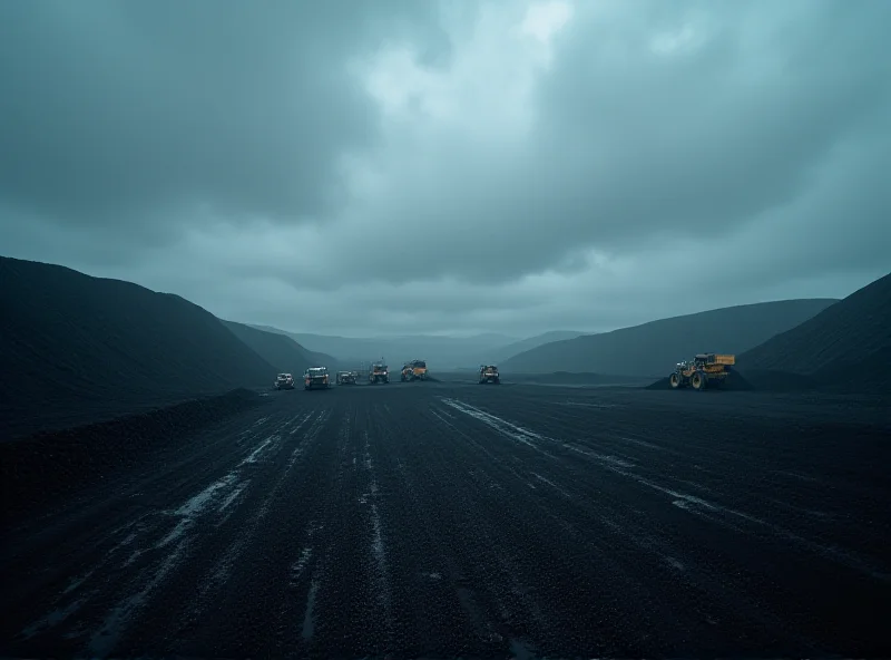 Coal mine landscape with dark clouds and heavy machinery