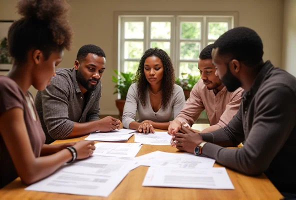 Modern family sitting around a table looking at documents