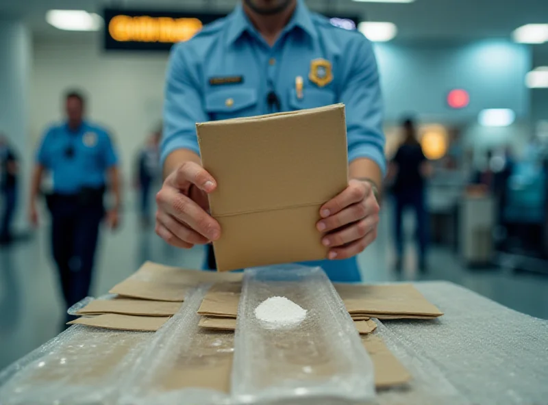 Colombian police officer holding a toupee with cocaine hidden underneath, displayed on a table at an airport.