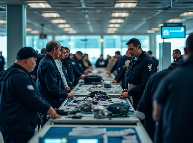 A generic photograph of an airport security checkpoint, showing officers and passengers.