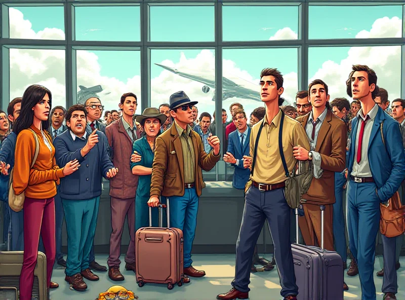 Illustration of a chaotic scene at an airport gate, with people arguing and airline staff looking stressed.