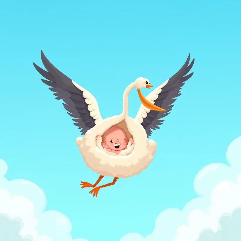 Illustration of a stork carrying a baby