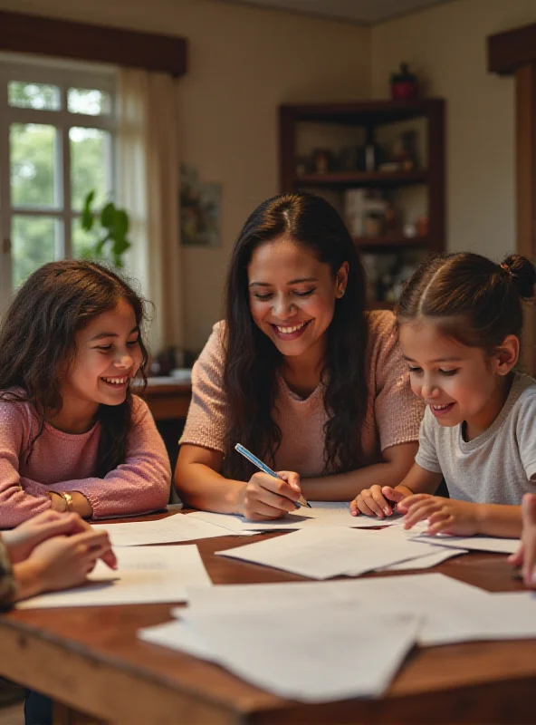 Image of a mother helping her children with their homework.