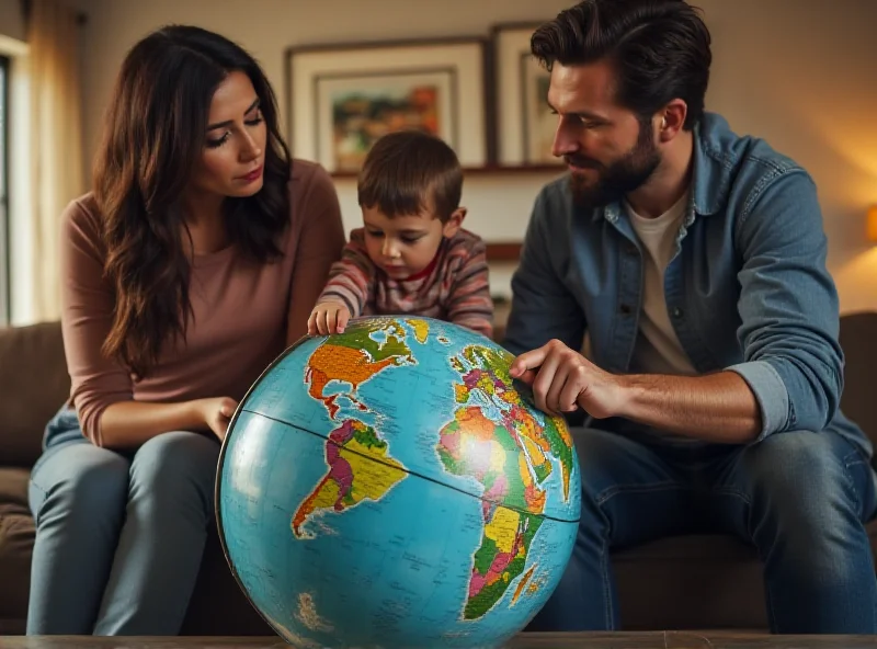 A family looking at a globe, discussing relocation options.