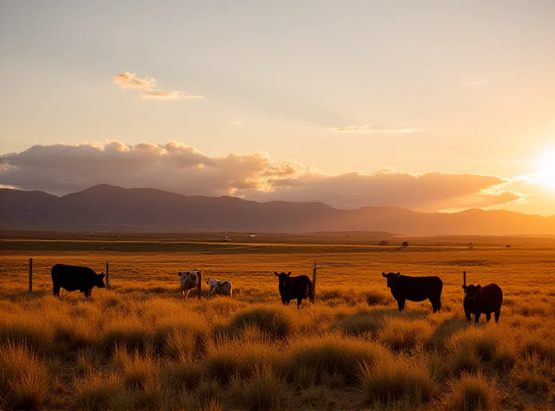 A panoramic view of a Colorado ranch with cattle grazing in the foreground and mountains in the background.