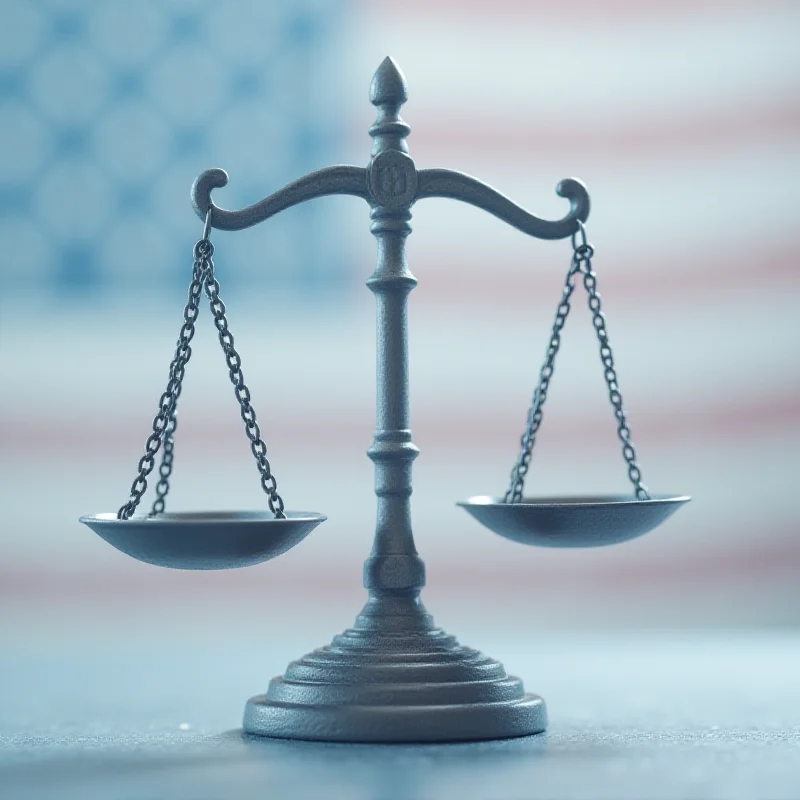 An abstract illustration of the scales of justice with the American flag in the background.