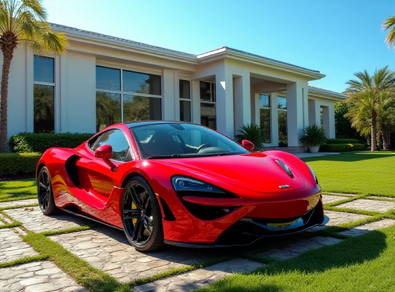 A sleek, red sports car parked in front of a luxury home.