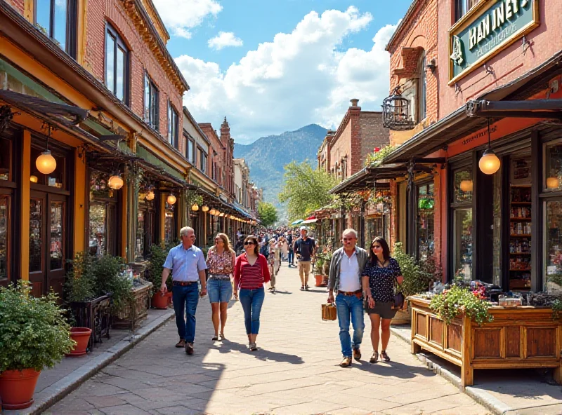 A bustling street scene in a Colorado town with people shopping at local businesses.