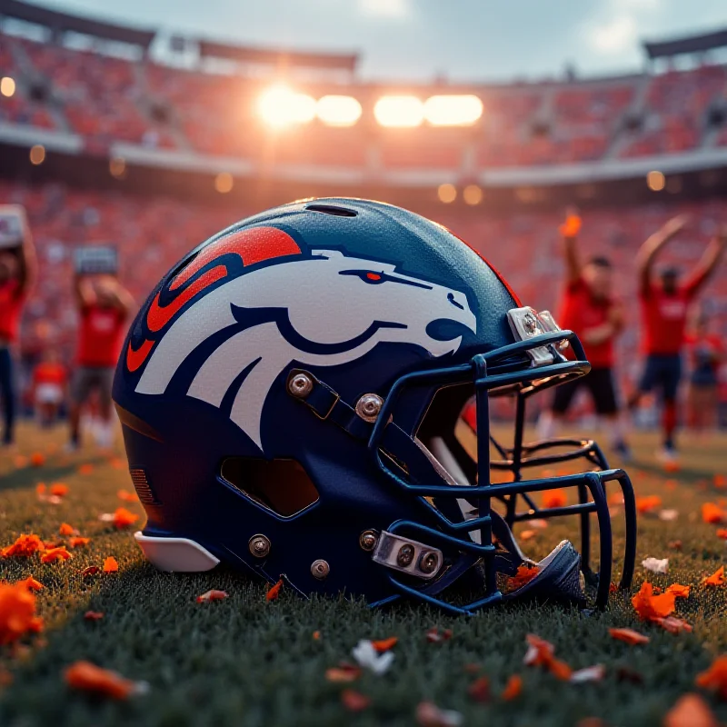 The Denver Broncos logo prominently displayed on a football helmet, set against a backdrop of the team's stadium and cheering fans.