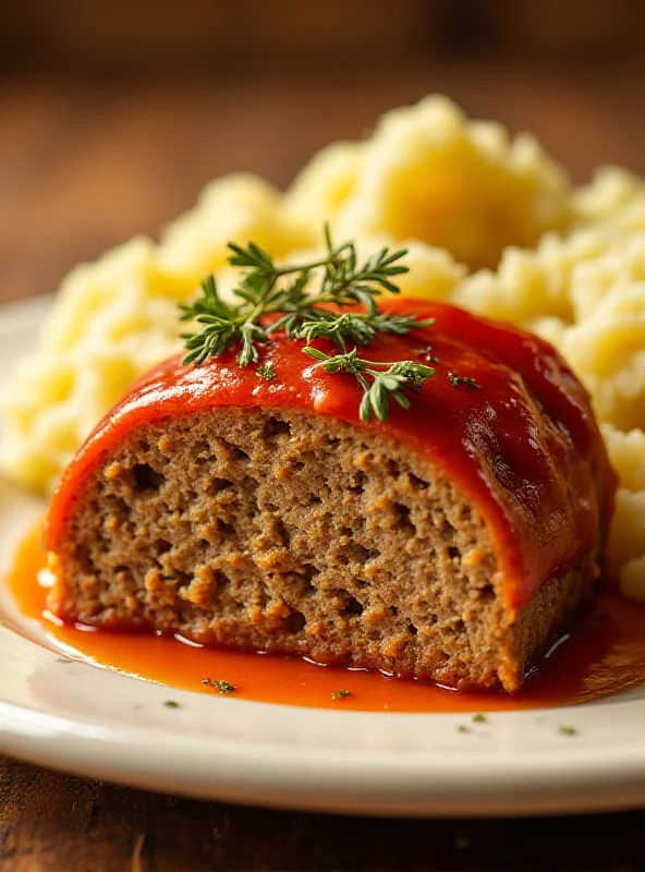 Close-up shot of a slice of meatloaf on a plate, garnished with fresh herbs and a side of mashed potatoes.