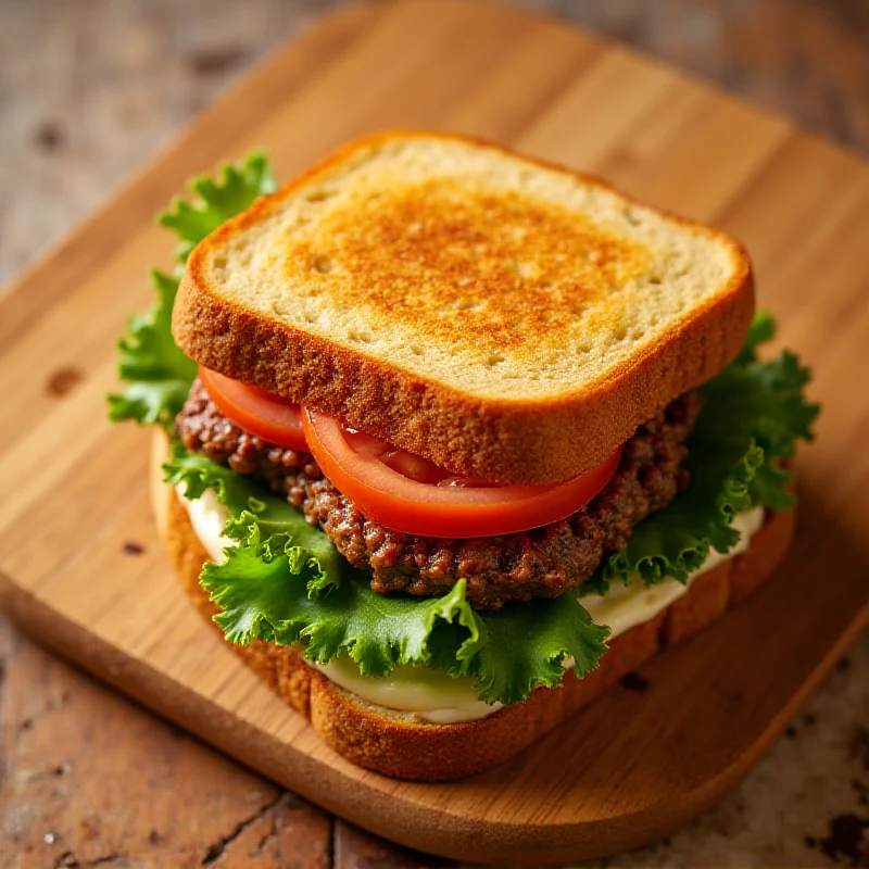 Overhead shot of a meatloaf sandwich on toasted bread, with lettuce, tomato, and a smear of mayonnaise.