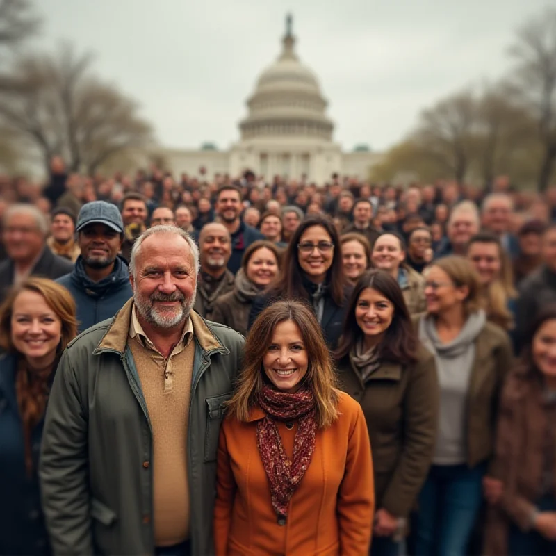 A diverse group of people standing together, representing taxpayers from all walks of life, with a stylized government building in the background.