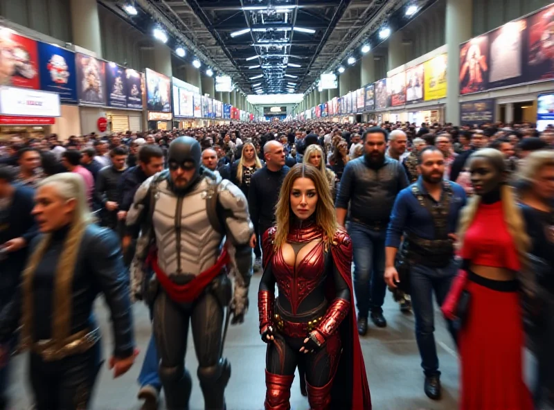 Crowd of cosplayers at a Comic-Con event with colorful costumes and excited expressions.