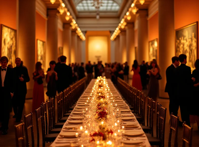 Elegant interior of The Louvre museum during a gala dinner with tables set for a formal meal and guests dressed in evening wear.