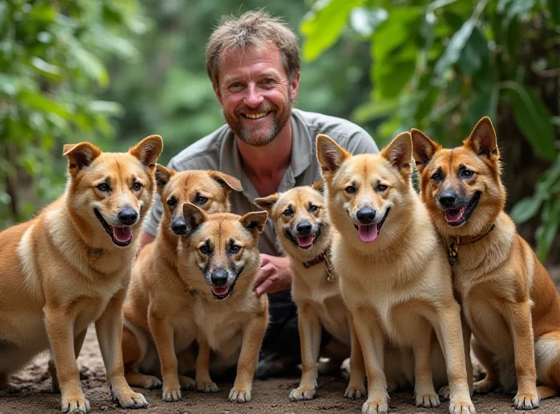 Niall Harbison surrounded by rescued dogs in Thailand.