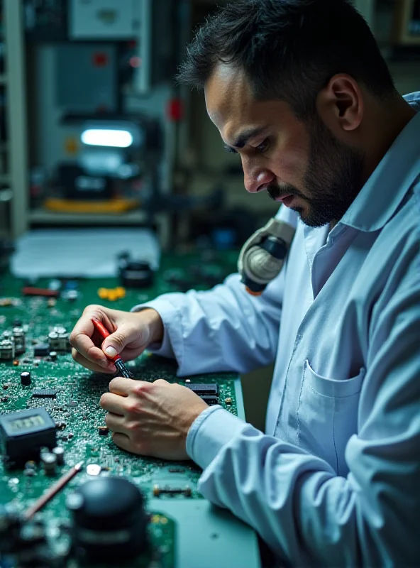 A repair technician carefully fixing a circuit board with specialized tools.