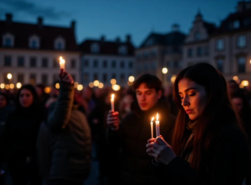 Mourners gathering for a candlelight vigil in a small Polish town.