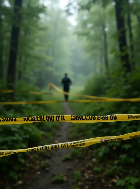 Police tape at a crime scene in a wooded area.