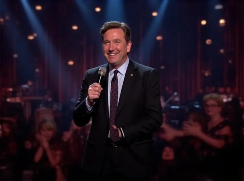 Conan O'Brien stands on a stage with a microphone, smiling at the audience. The background is blurred with stage lights and a large screen.