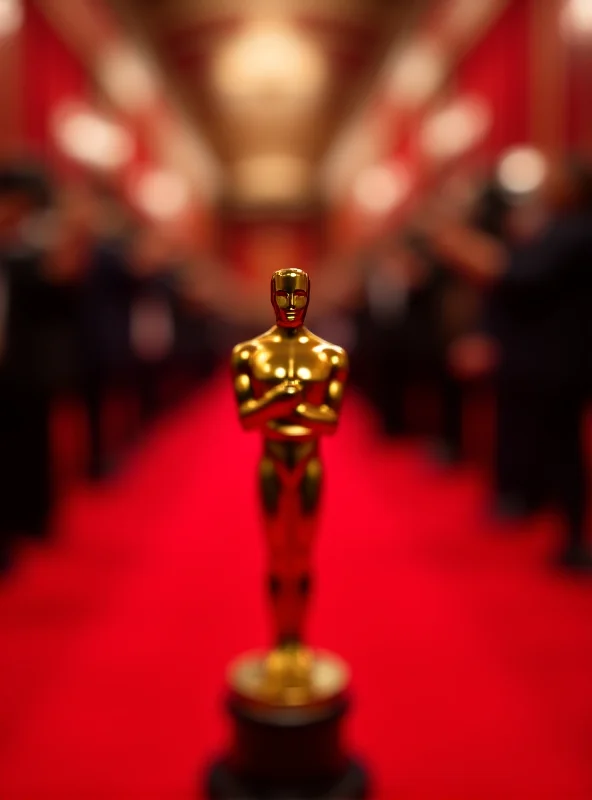 A golden Oscar statue stands on a red carpet, surrounded by photographers with flashing cameras. The background is a blurred crowd of people in formal attire.