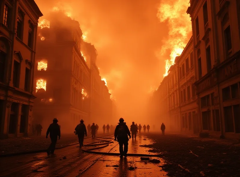 A dramatic image of firefighters battling a large fire in a historic European city center, with smoke billowing and buildings partially collapsed.