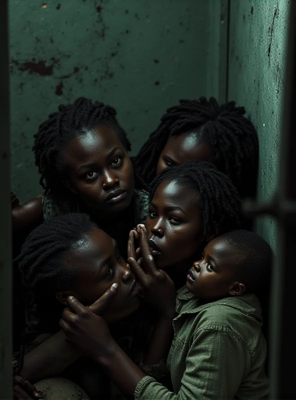 A depiction of a crowded prison cell in the DRC, with women and children huddled together in fear.