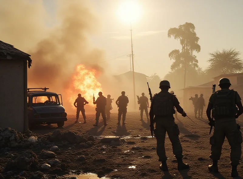 A visual representation of the ongoing conflict in the DRC, showing armed rebels and Congolese soldiers clashing in a war-torn landscape.