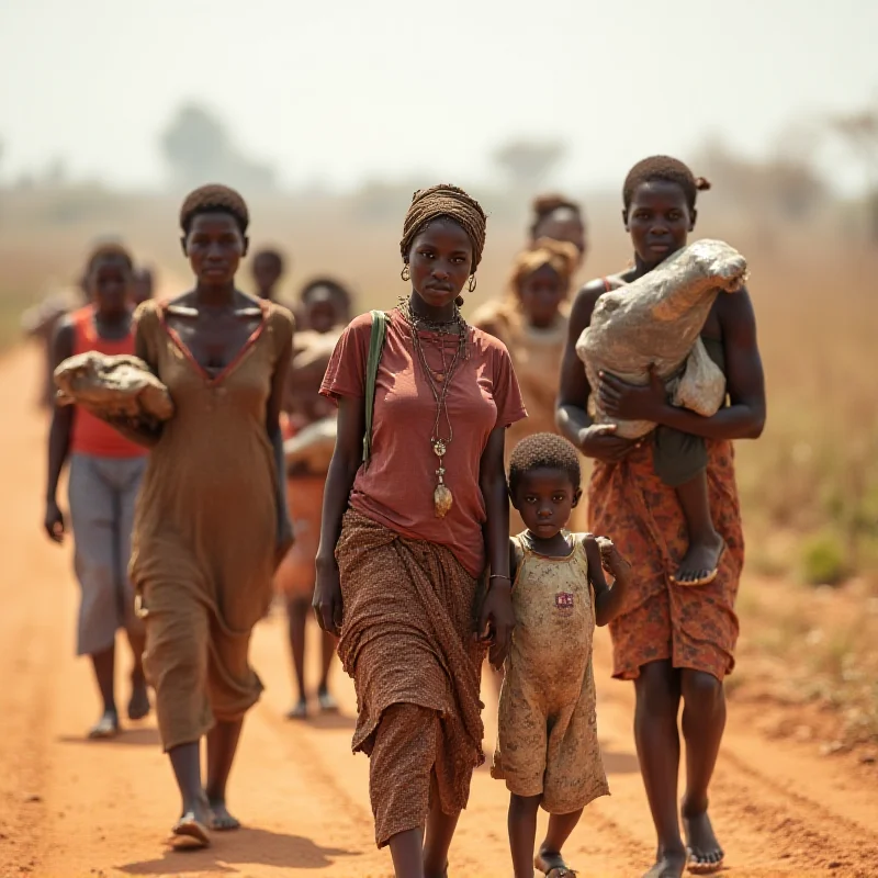 A group of Congolese refugees, including women and children, walking along a dusty road, carrying their belongings.