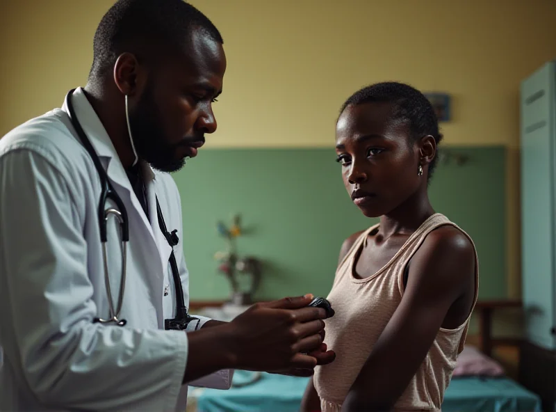 A worried doctor examining a patient in a rural Congo clinic.