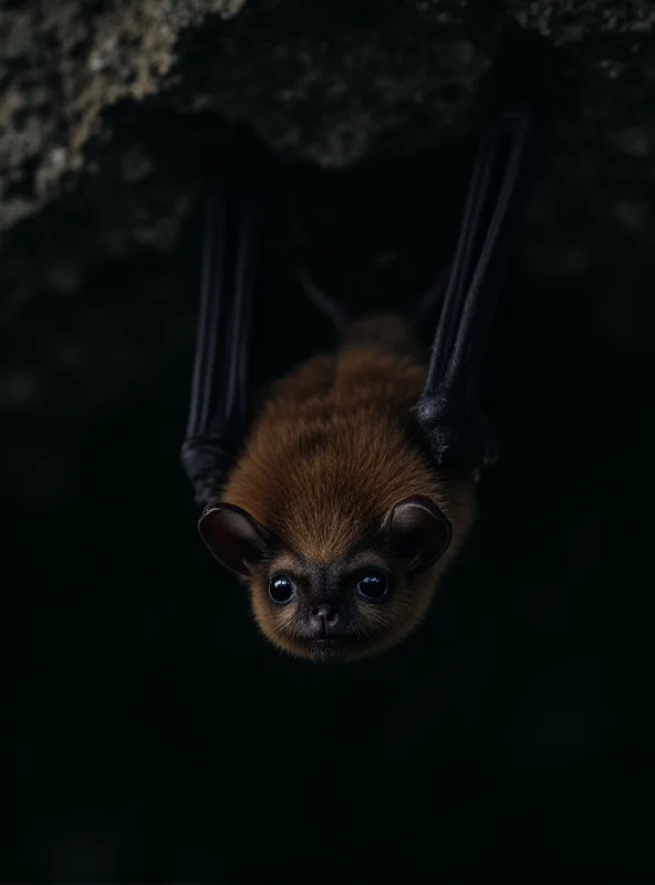 A close-up of a bat in a cave, hinting at a possible source of the infection.