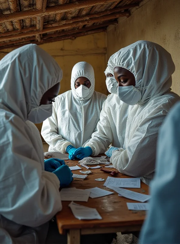 A group of Congolese healthcare workers in protective gear, examining patients in a rural clinic. The clinic is basic, and the atmosphere is tense and focused.