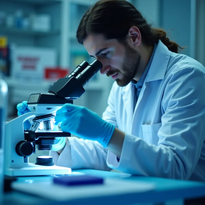 A close-up photo of a researcher in a lab coat and gloves, carefully examining a sample under a microscope. The lab is well-equipped, with various scientific instruments in the background.