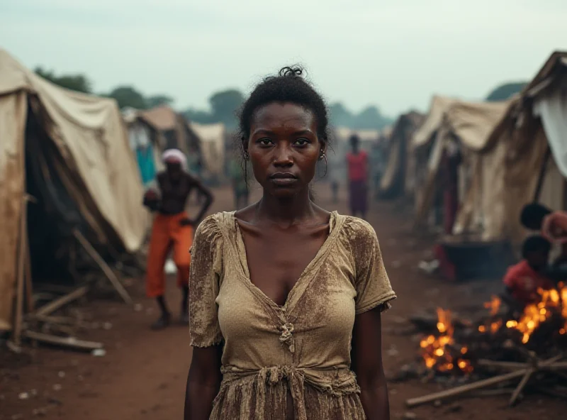 A distressed Congolese woman standing in a refugee camp, surrounded by makeshift shelters.