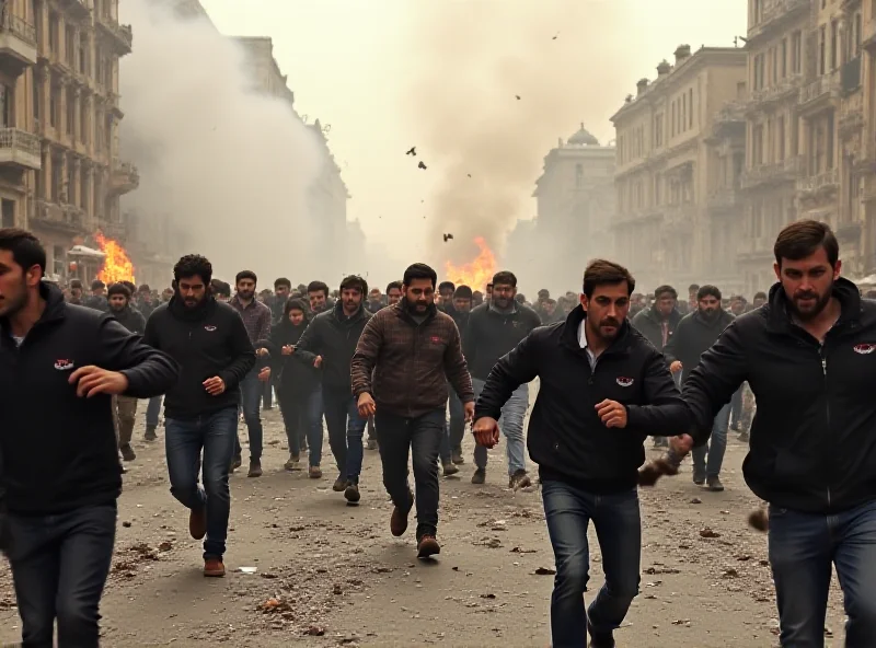 Crowd fleeing an explosion in a city square, with smoke and debris filling the air.