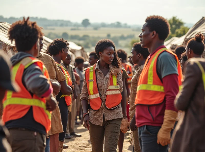 A group of international aid workers distributing food and supplies to Congolese refugees in a camp.