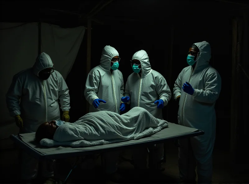 A team of medical professionals in protective gear examining a patient in a rural Congolese village.