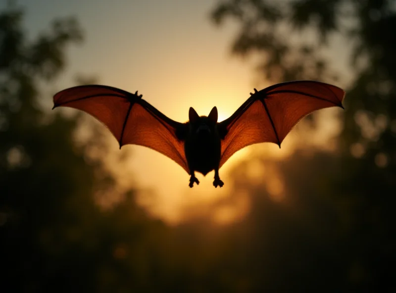 A close-up image of a bat in flight, with a blurred background suggesting a tropical environment.