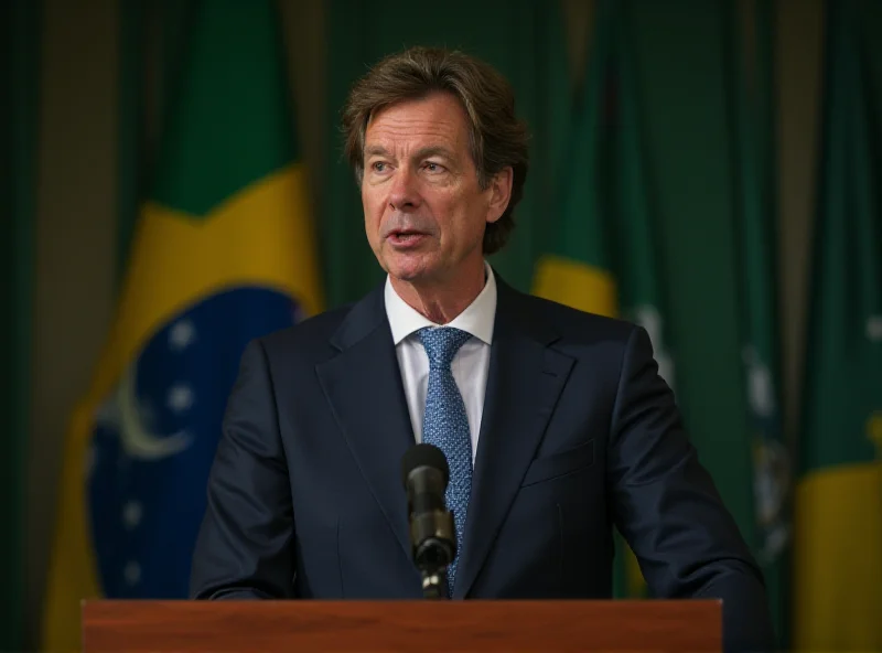 Close-up photo of Fernando Haddad speaking at a podium, with the Brazilian flag in the background.