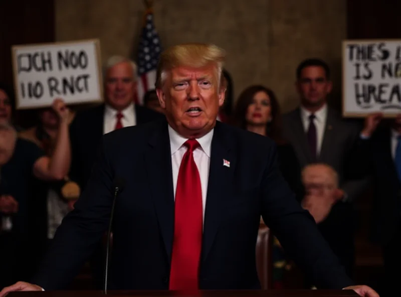 Donald Trump delivering a speech to Congress, with Democrats in the background holding up protest signs.