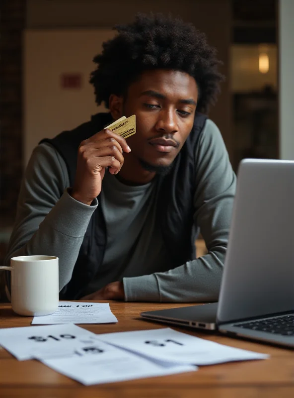 A person looking thoughtfully at their credit card while sitting at a table covered in online shopping receipts.