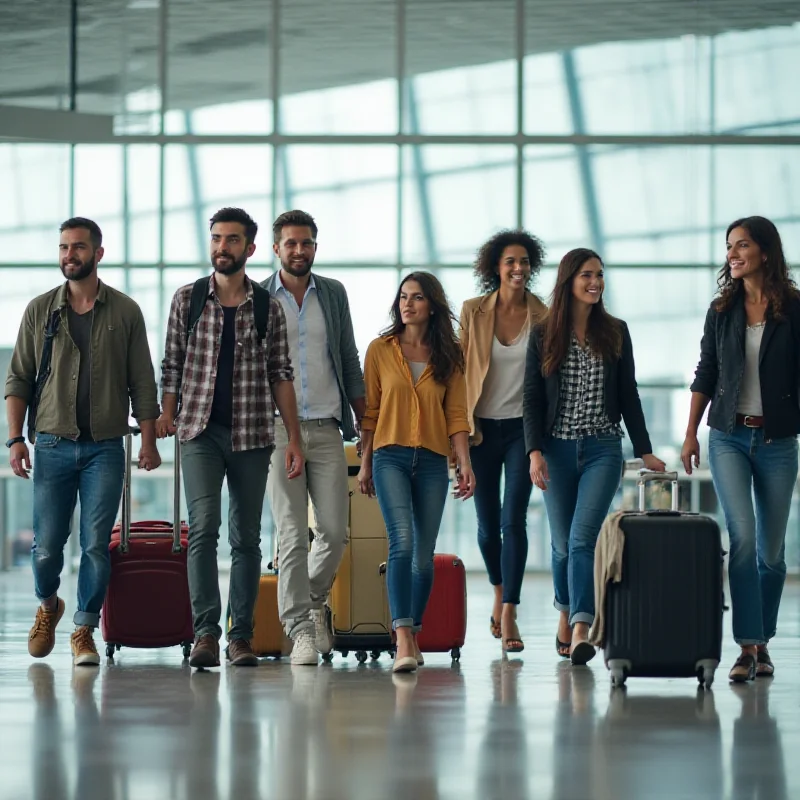 A diverse group of people traveling with luggage, representing global travel assistance.