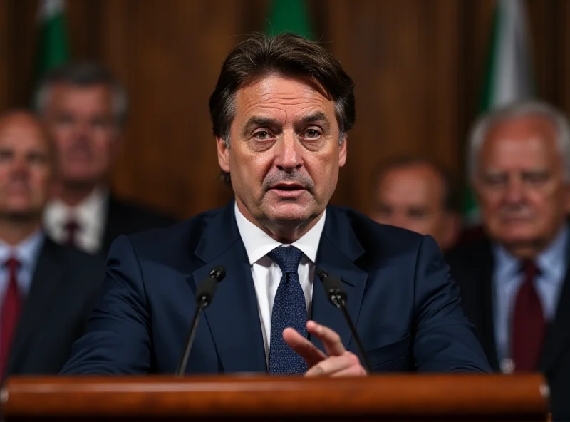 Giuseppe Conte speaking at a podium, looking directly at the camera with a serious expression. The background shows other politicians and the Italian flag.