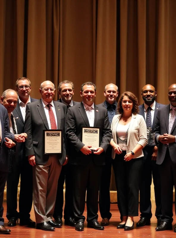 A group of diverse people standing on a stage, smiling and holding awards. The backdrop is ornate and suggests a formal ceremony. The atmosphere is celebratory and positive.