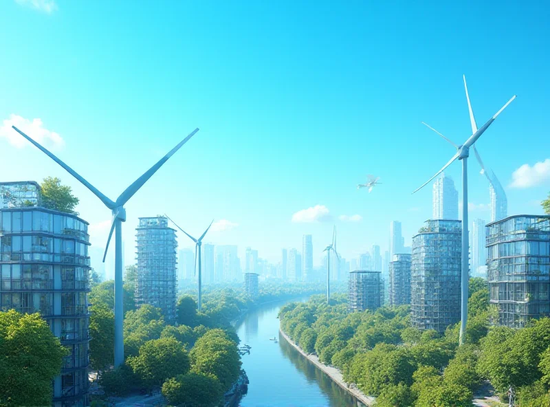 A futuristic cityscape with wind turbines and solar panels integrated into the buildings. The sky is clear blue and the scene is vibrant and optimistic. The overall impression is of a clean and sustainable future.