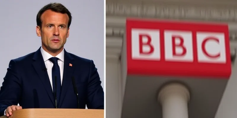 A split image. On the left, a photo of Emmanuel Macron giving a speech. On the right, the BBC logo.