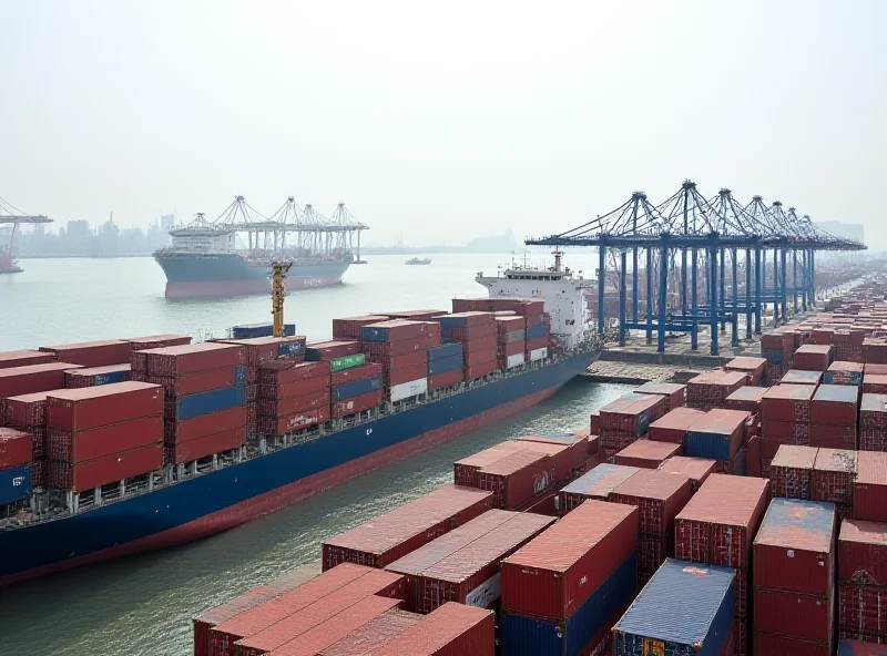 Image of shipping containers at a port, symbolizing international trade and potential tariff implications.