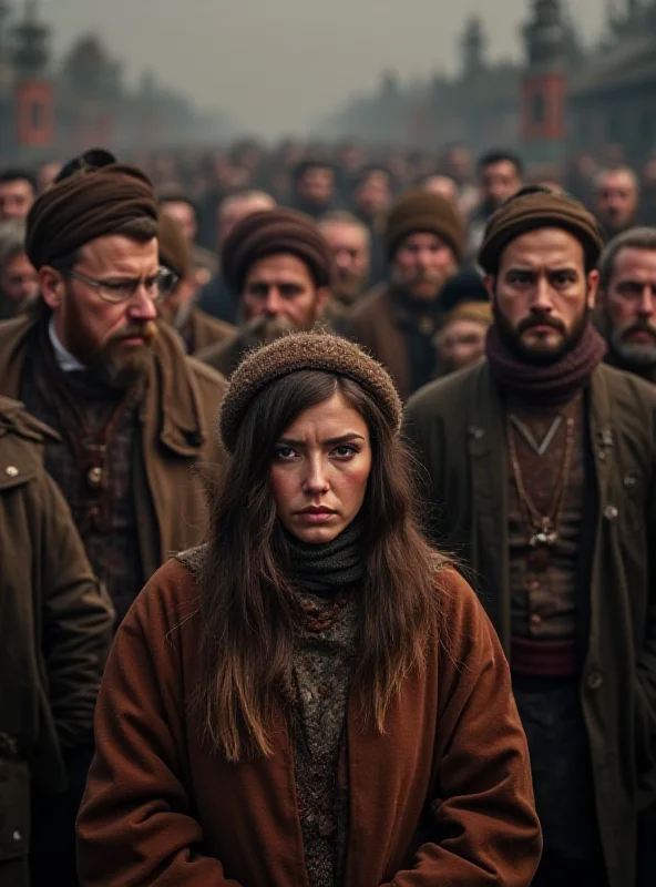 Image of a group of Uyghur people in traditional clothing, looking concerned and worried, representing the human rights concerns surrounding their situation.