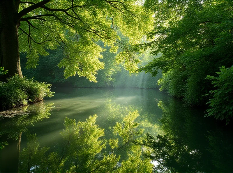 A serene image of a pond surrounded by trees in a rural English village, with sunlight dappling the water's surface.